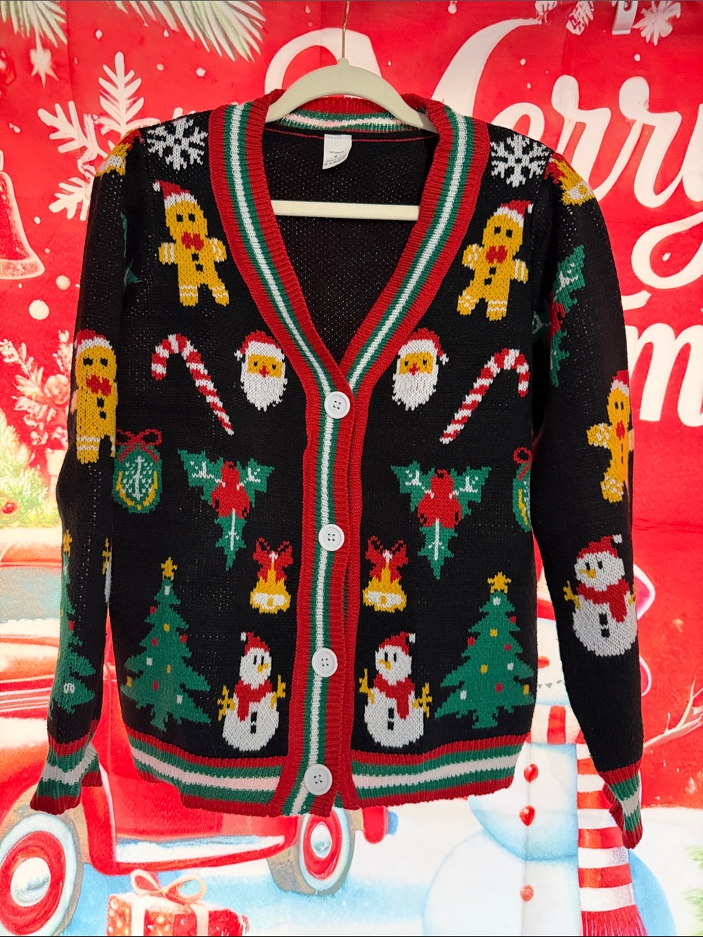 Black Christmas Cardigan Sweater with Holiday Motifs